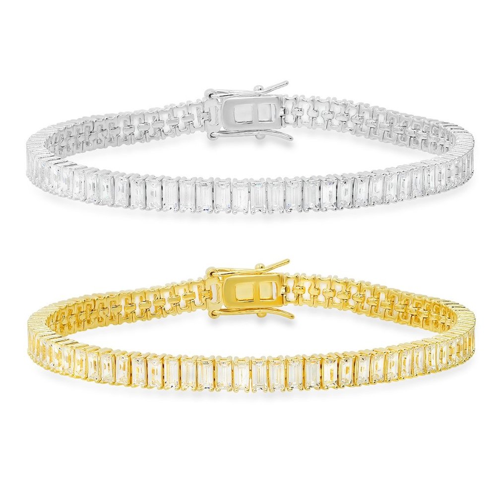 Gold/Silver Emerald-cut Diamond Tennis Bracelet - 7.25" - Stamped 925